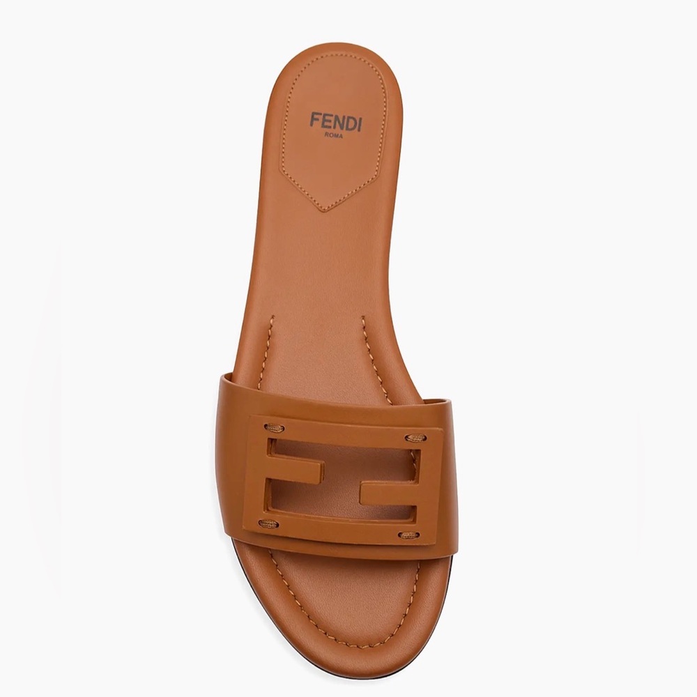 Fendi Tan Leather Slides with FF Cutout - Picture 2 of 7